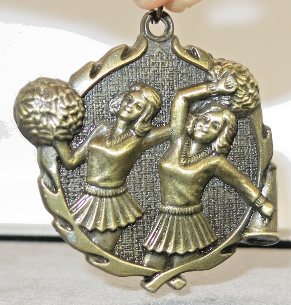 Brass Metal Two Cheerleaders Award Medal 2 3/4" Wide